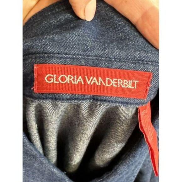 Gloria Vanderbilt Dark Blue Denim Button Front Blouse Size L&M Long Sleeve Shirt - Picture 10 of 16
